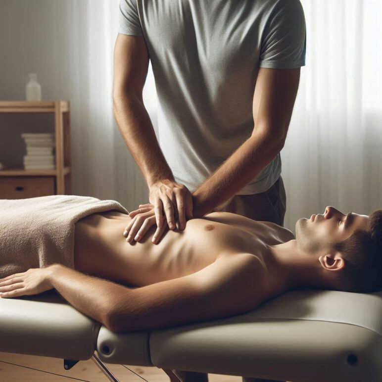 Diese Position könnte Teil einer therapeutischen Technik wie der viszeralen Manipulation sein, die oft von Osteopathen oder Physiotherapeuten verwendet wird. Ziel dieser Methode ist es, Spannungen in den Organen und im umgebenden Gewebe zu lösen, um eine bessere Gesamtfunktion und Entspannung zu fördern. Der Therapeut arbeitet dabei sanft mit den Händen, spürt nach Verspannungen und versucht, die natürliche Mobilität der Organe zu unterstützen.